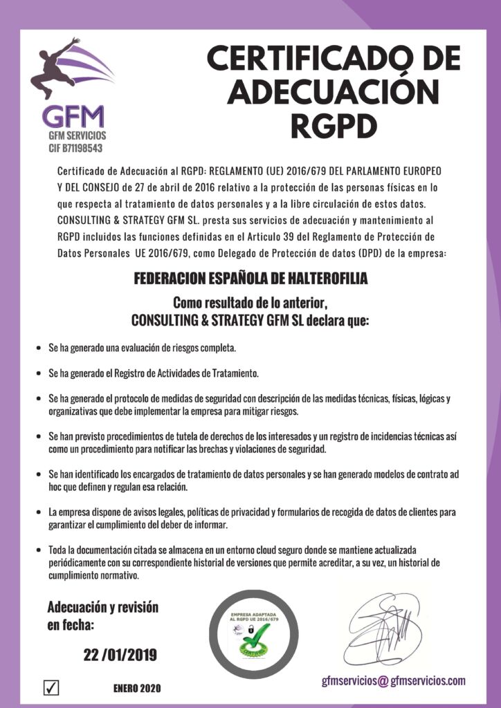 CERTIFICADO ADECUACION 2020 FEDERACION ESPAÑOLA DE HALTEROFILIA CERTIFICADO ADECUACION 2020 FEDERACION ESPAÑOLA DE HALTEROFILIACERTIFICADO ADECUACION 2020 FEDERACION ESPAÑOLA DE HALTEROFILIA